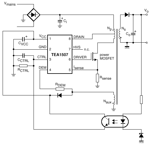 a switched mode power supply using flyback configuration with secondary sensing