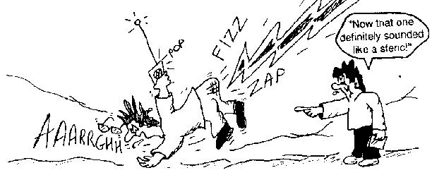 whimsical cartoon image of a fellow holding a receiver and getting zapped by lightning